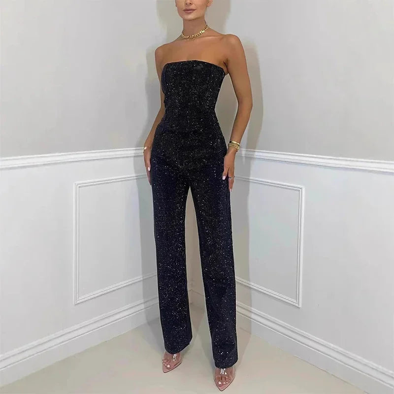 CPSYMYM Rhinestones Denim Vest Jeans Set Women Sexy Slim Sleeveless Strapless Empire Waist Zipper Pocket Pencil Trouser  Summer Purplish Diva