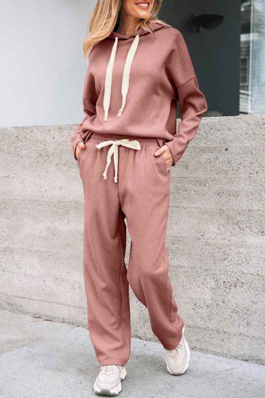 Solid Corduroy Lace Hoodie and Pants Set THRIXINE