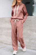 Solid Corduroy Lace Hoodie and Pants Set THRIXINE
