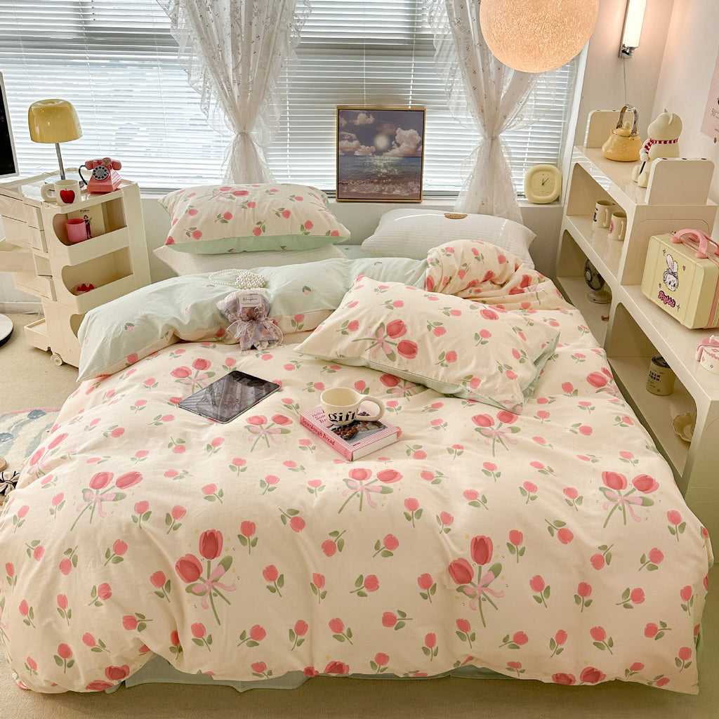 Cute Floral Rabbit Cotton Four-piece Set Pastoral Cotton Quilt Cover Bed Sheet Three-piece Set Pi-Mart