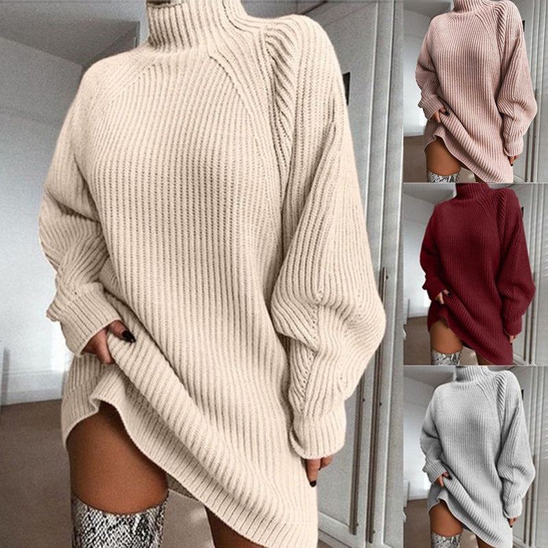 Solid Turtleneck Long Sweater Winter Warm Women Sweater Dress Pi-Mart