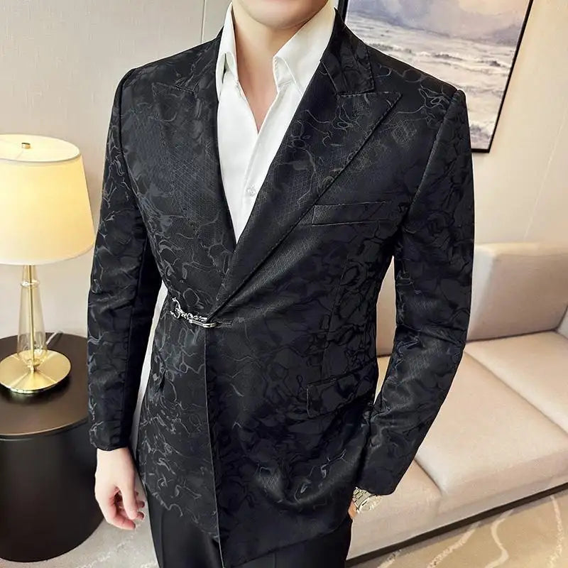Vintage Pattern Men's Casual Suit Metal Hook Placket Closure Collar Leather Texture Suit