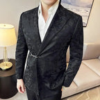 Vintage Pattern Men's Casual Suit Metal Hook Placket Closure Collar Leather Texture Suit