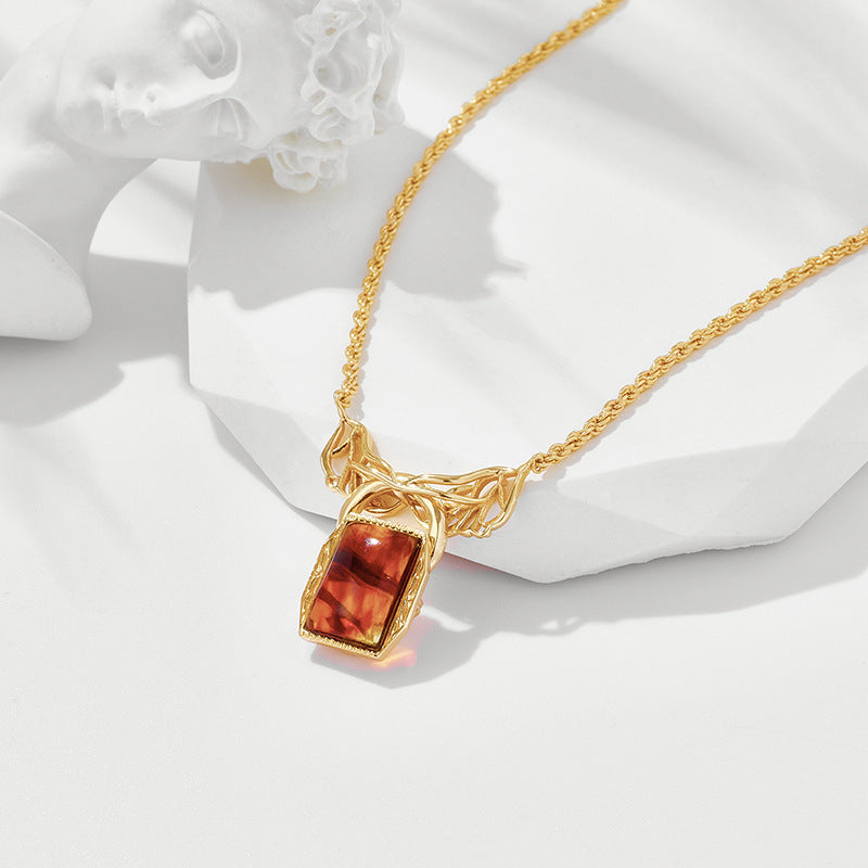 Amber Leaf Carving S925 Sterling Silver Gold-plated Pendant Female Pi-Mart