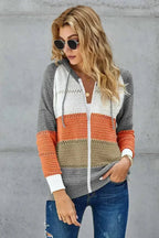 Womens Zipped Front Gray Colorblock Hollow-out Knit Hoodie - SJB-DIAMOND ELITES
