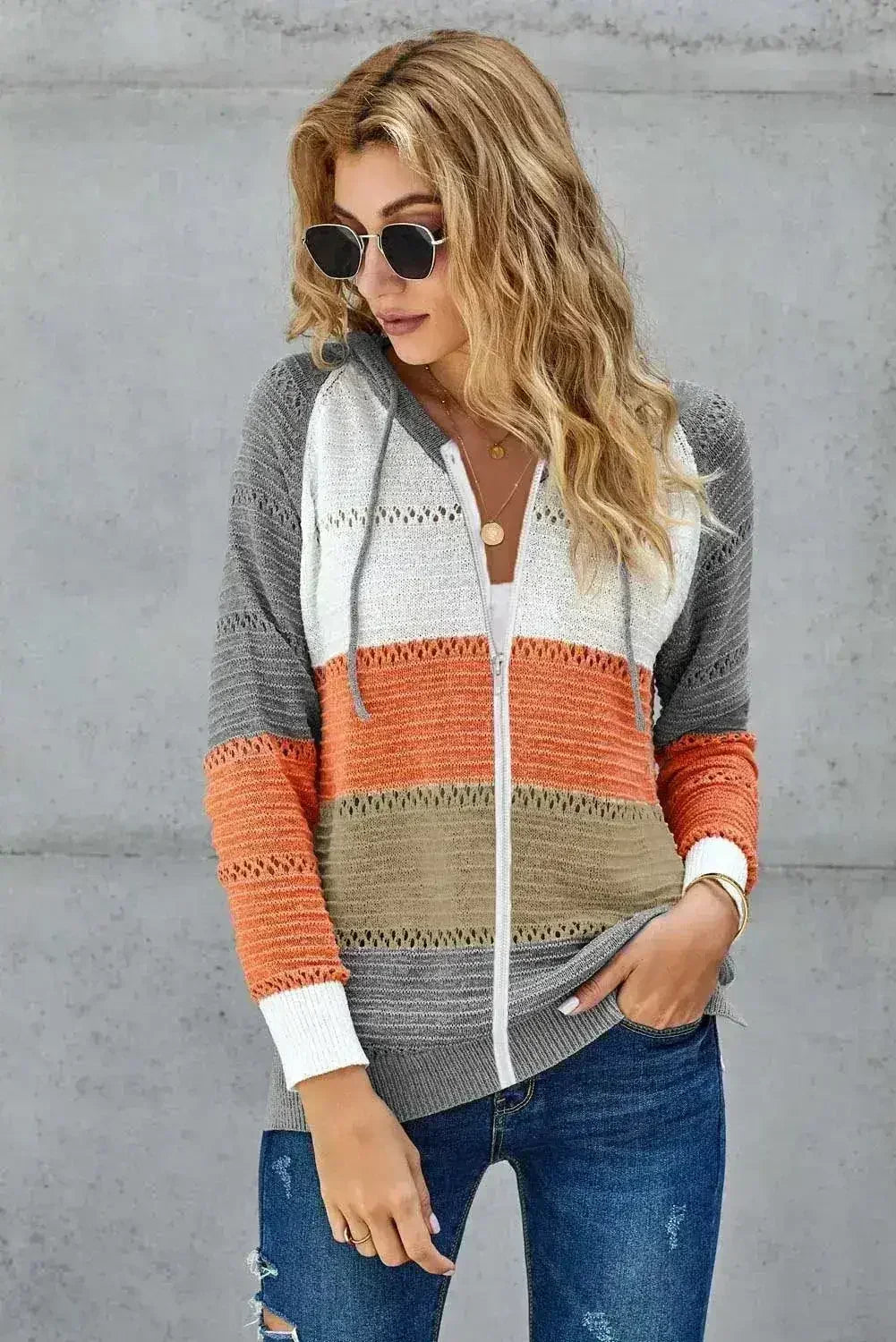 Womens Zipped Front Gray Colorblock Hollow-out Knit Hoodie - SJB-DIAMOND ELITES