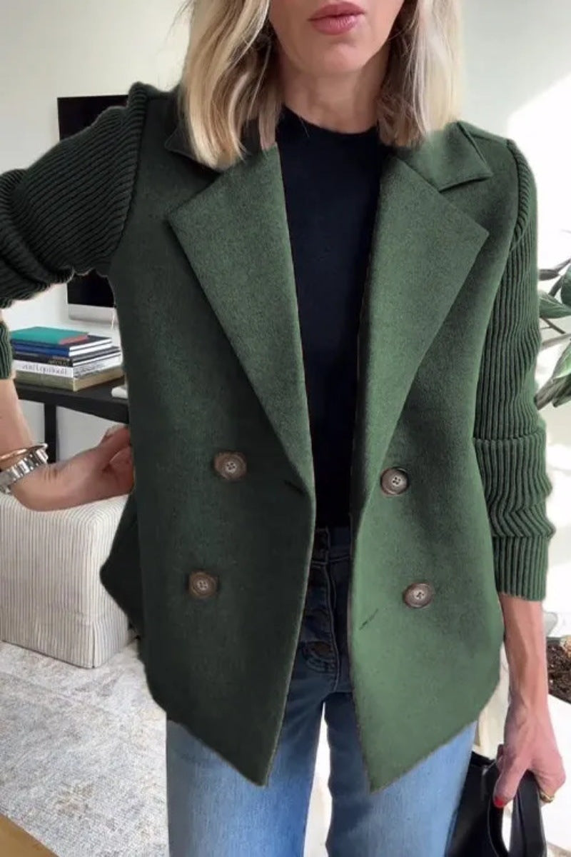 Double Breasted Lapel Jacket Fashion Knitted Sleeves Splicing Design Coat Outerwear Women's Clothing Pi-Mart