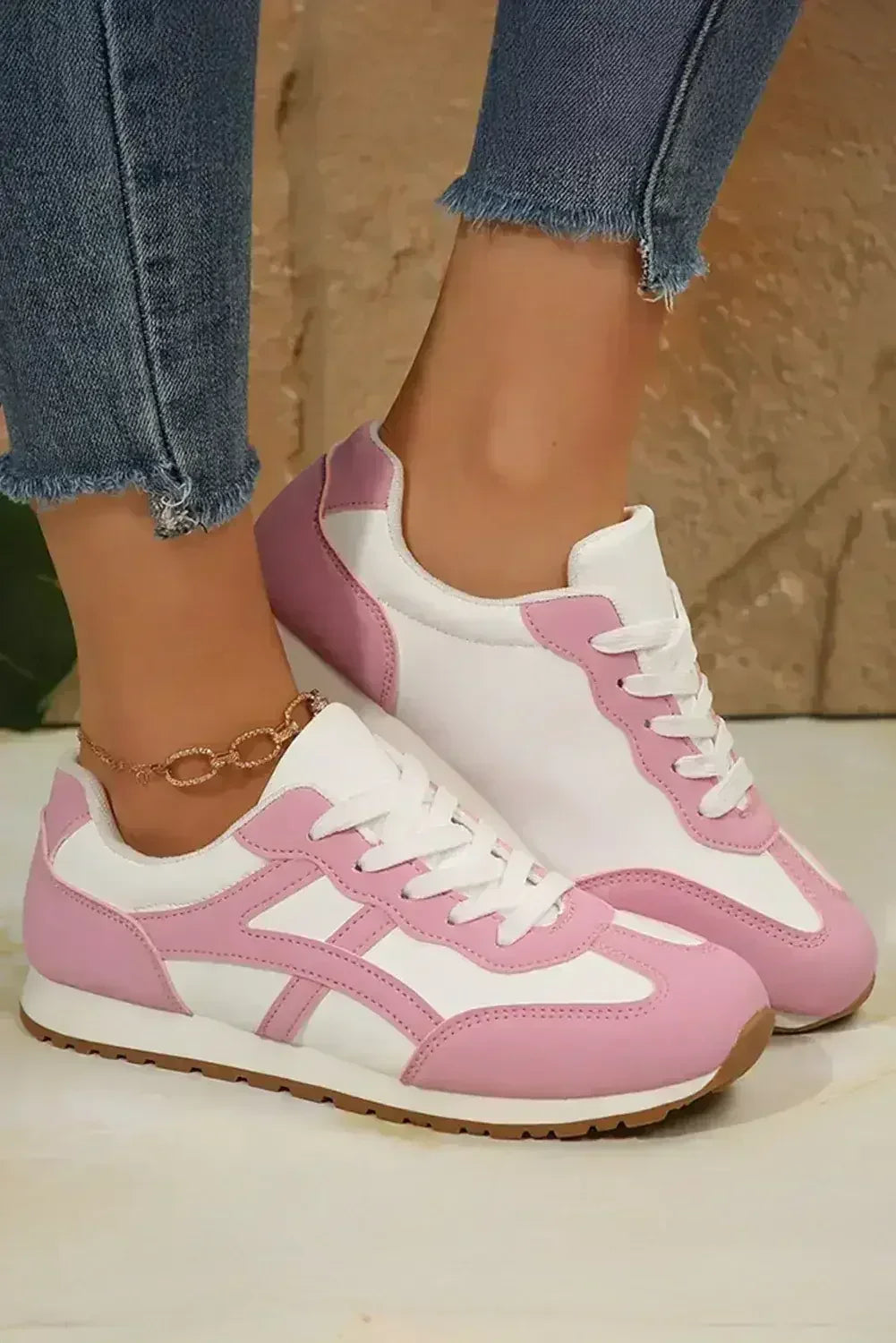 Oatmeal Contrast Sneakers - PU Leather Lace-Ups - Wholesale Neutral Kicks