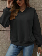 V-Neck Solid Color Casual Sweatshirt THRIXINE