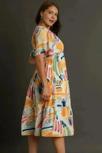 Umgee Abstract Print Midi Dress – Flutter Sleeves & Tiered Frill Detail