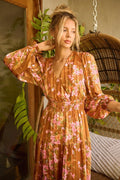 Flower Print Satin Lurex Stripe Smocked Midi Summer Dress – Elegant Midi Dress, Satin Lurex Dress, Floral Dress, Smocked Waist Dress, Romantic Midi Dress, Special Occasion Dress Stevvex