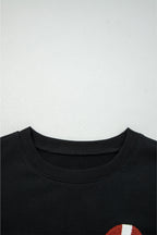 Black Varsity Baseball Bow Graphic Striped Sleeve Baggy Sweatshirt