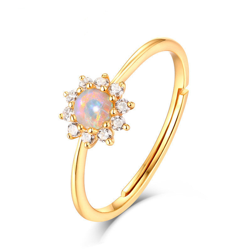 Opal White Zirconium Sun Flower 9K Gold Ring Pi-Mart