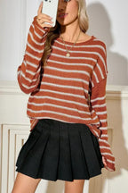 Brown Stripe Casual Round Neck Drop Shoulder Sweater