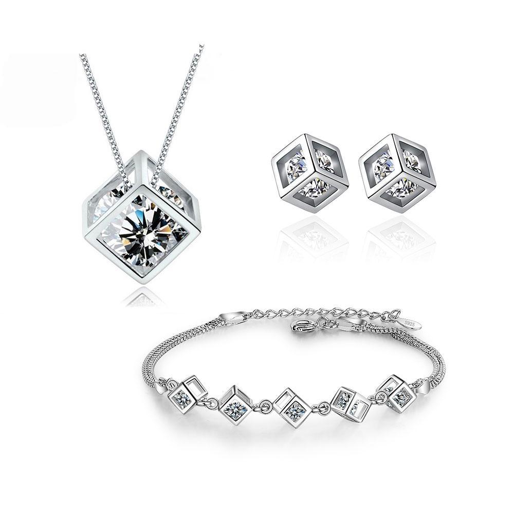 New Style Stamp Silver Color Jewelry Luxury Sets Zircon Elegant Square Cube Necklace Earrings Bracelet For Women - SJB-DIAMOND ELITES