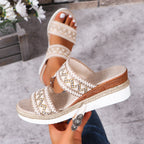 Fashion Wavy Pattern Woven Sandals Summer Casual Ethnic Style Slippers Linen Bottom Wide Strap Wedges Shoes For Women Pi-Mart