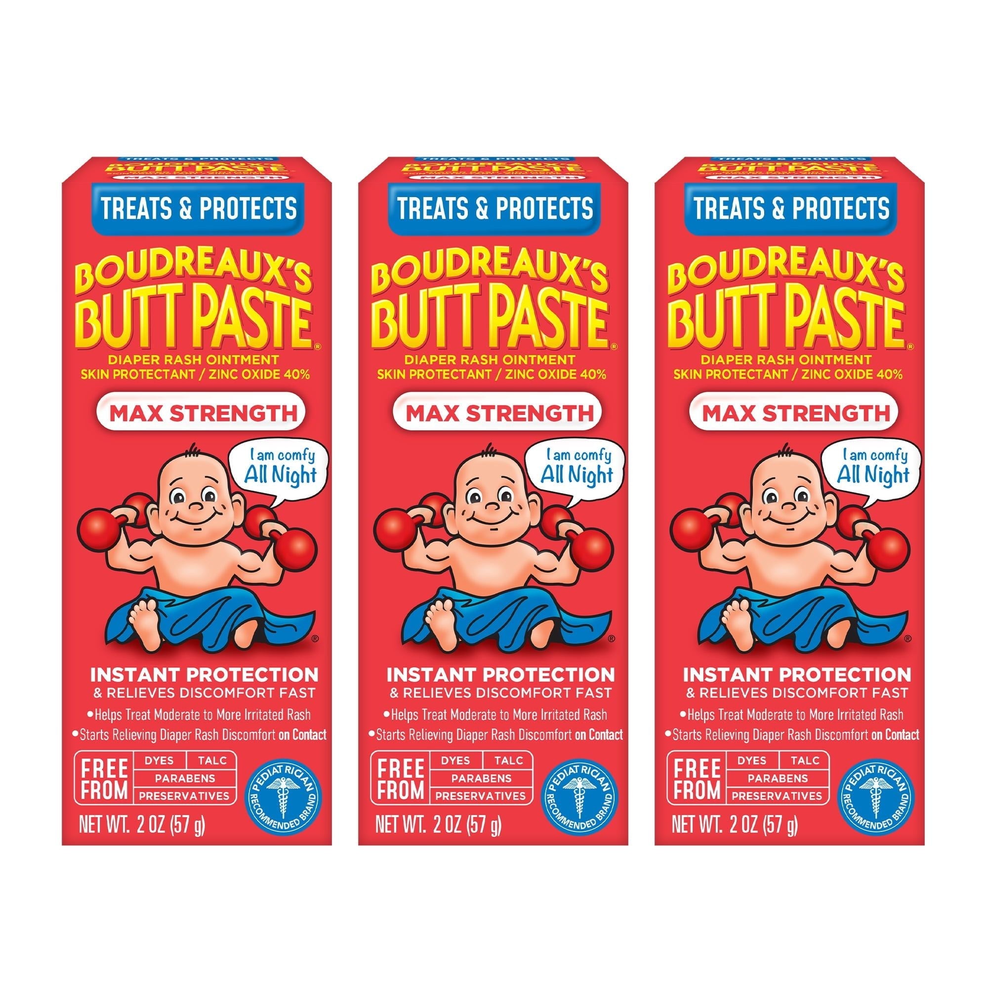 Boudreaux's Butt Paste Max Strength, Baby Diaper Rash Cream, Ointment, 2 oz Tube, 3 Pack