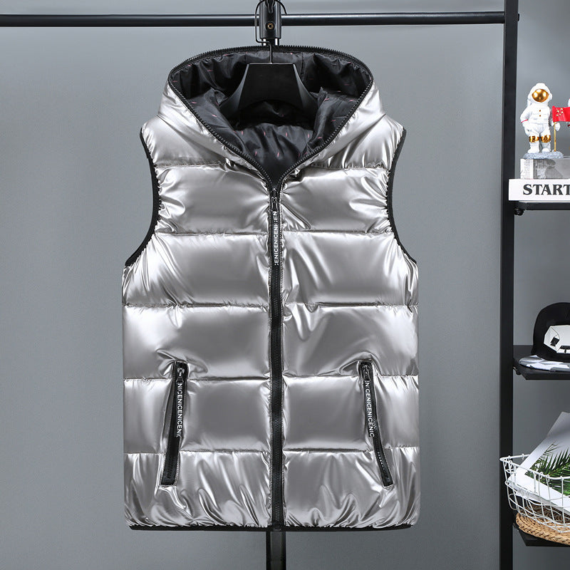 Shiny Down Cotton Vest With Hood Pi-Mart