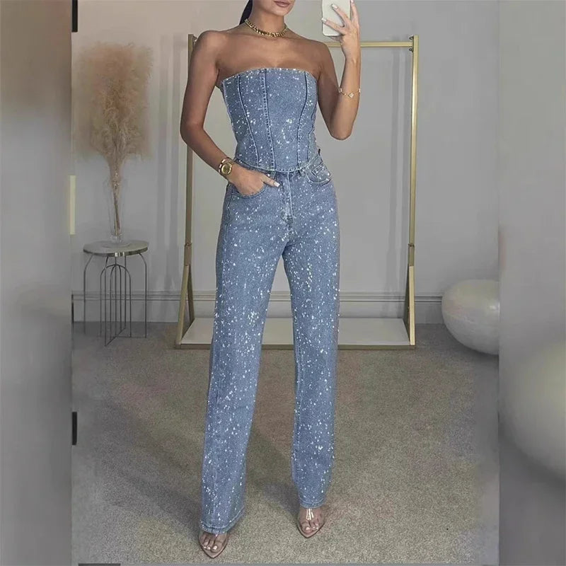 CPSYMYM Rhinestones Denim Vest Jeans Set Women Sexy Slim Sleeveless Strapless Empire Waist Zipper Pocket Pencil Trouser  Summer Purplish Diva