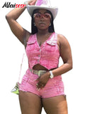 Mlaiscsr Pink Stretch Denim Sexy 2 Piece Club Outfit Women Sets V-Neck Vest Crop Tops and Embroidered Shorts Suit Y2k Streetwear Purplish Diva
