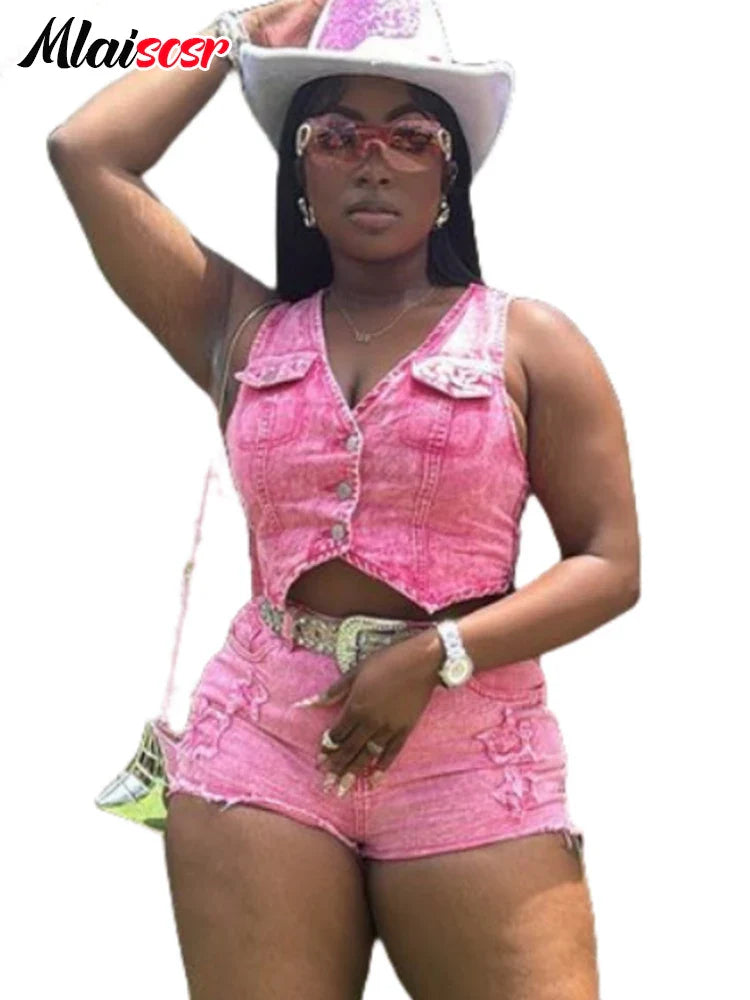 Mlaiscsr Pink Stretch Denim Sexy 2 Piece Club Outfit Women Sets V-Neck Vest Crop Tops and Embroidered Shorts Suit Y2k Streetwear Purplish Diva
