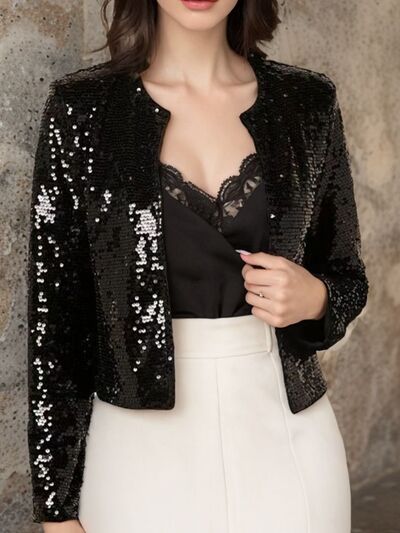 Elegant Women Full-Size Sequin Open Front Cropped Jacket With Glamorous Sparkle Luxury Women Party Jacket Stevvex