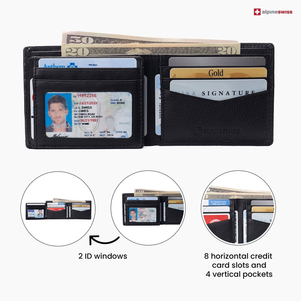 Alpine Swiss Mens Leather RFID Bifold Wallet 2 ID Windows Divided Bill Section