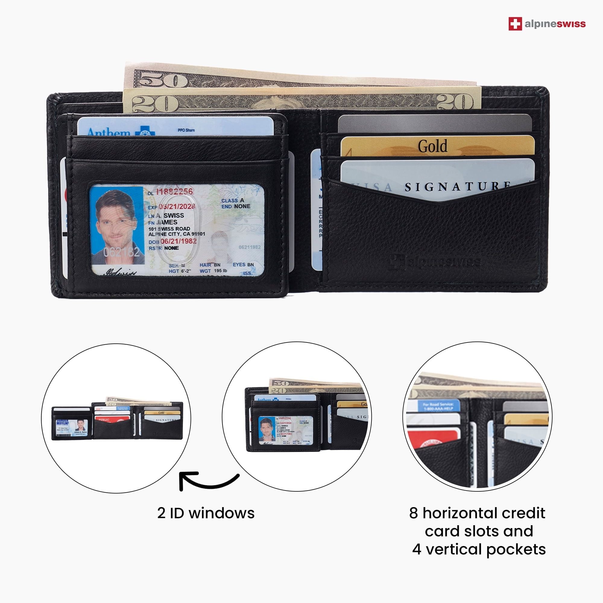 Alpine Swiss Mens Leather RFID Bifold Wallet 2 ID Windows Divided Bill Section