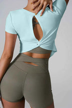 Cutout Round Neck Short Sleeve Active T-Shirt THRIXINE