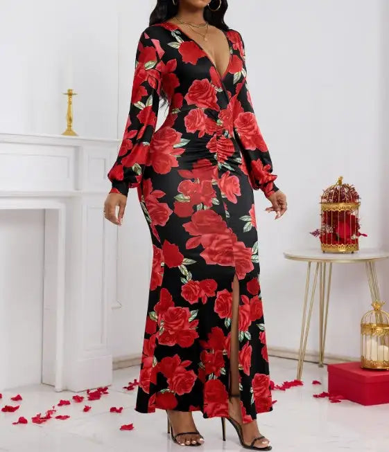 Ladies' V-neck Floral Print Fashionable Hip Hugging Dress - SJB-DIAMOND ELITES