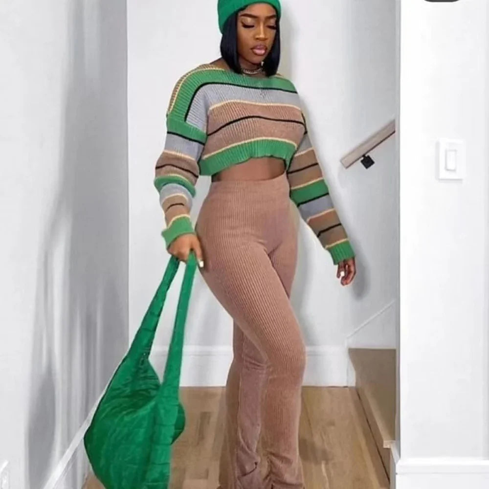 Women 2 Piece Set Long Sleeve Striped Sweater and Sweat Pants Suits 2024 Winter Fitness Active Two Piece Lounge Sets Tracksuit Purplish Diva
