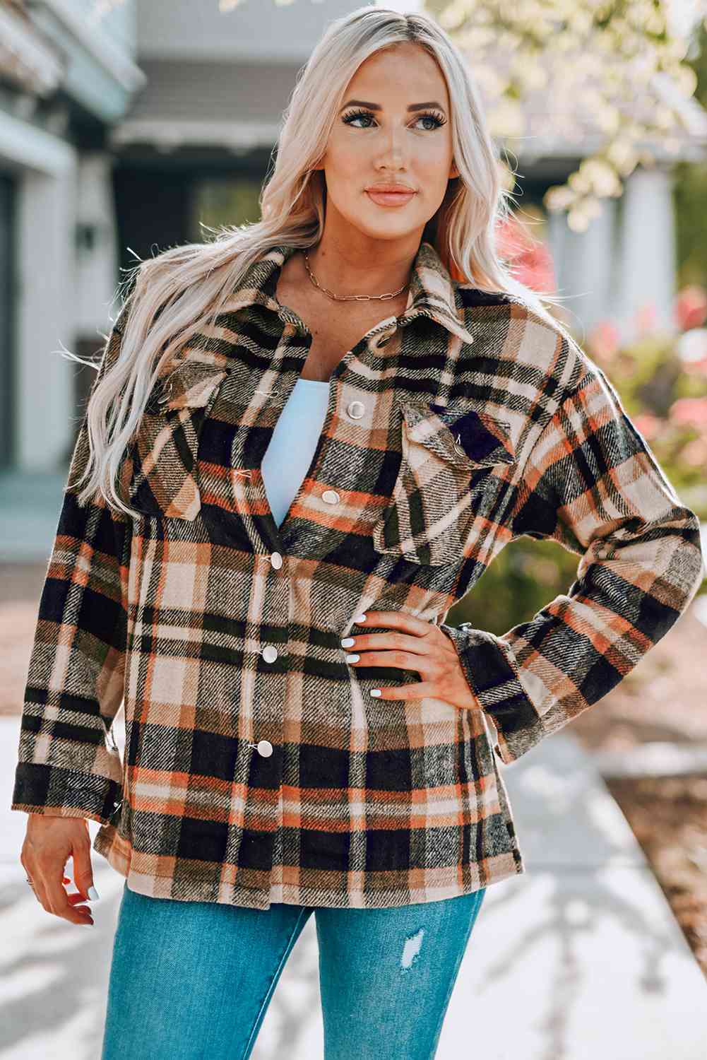 Classic Plaid Button Front Shirt Jacket with Breast Pockets Casual & Minimalist Outerwear Stevvex