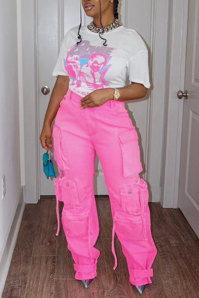 Plus Size Cargo Denim Jeans Pockets Buttons Women Fashion Jeans Pant High Waist Casual Streetwear Vintage Hip Hop Trousers Pant Purplish Diva