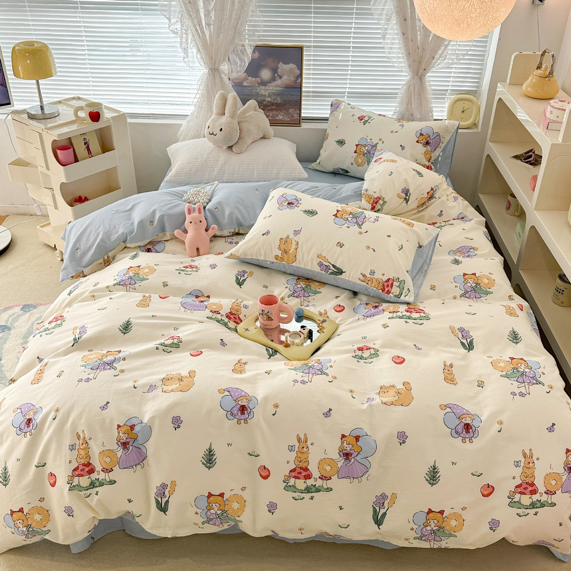 Cute Floral Rabbit Cotton Four-piece Set Pastoral Cotton Quilt Cover Bed Sheet Three-piece Set Pi-Mart