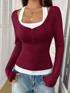 Contrast Long Sleeve Fake Two-Piece T-Shirt THRIXINE