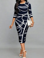 Ladies' Round Neck Printed Casual Bag Hip Dress - SJB-DIAMOND ELITES