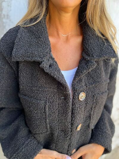 Comfortable Modern Women Full Size Fuzzy Button-Up Jacket with Drop Shoulder and Pockets Stevvex