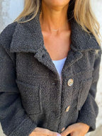 Comfortable Modern Women Full Size Fuzzy Button-Up Jacket with Drop Shoulder and Pockets Stevvex