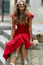 Black V Neck Flutter Sleeve Smocked Bodice High Waist Ruffle Maxi Dress