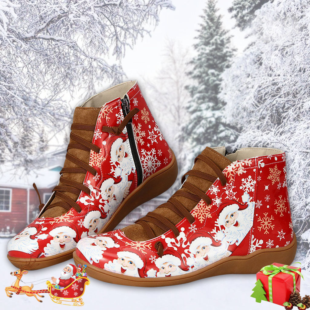 Ankle Boots Women Santa Claus Snowflake Print Flats Shoes Casual Slip-on Side Zipper Design Short Boot Pi-Mart
