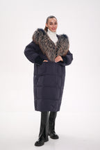 Rei Genuine Fur Trim Hooded Down Coat in Navy - SJB-DIAMOND ELITES