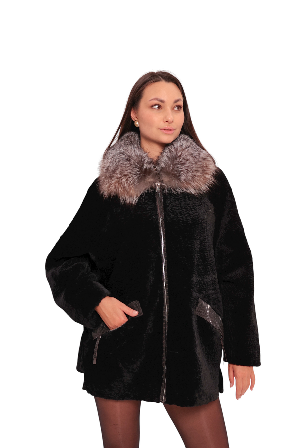 Palermo Genuine Astrakhan Silver Fox Trim Coat - SJB-DIAMOND ELITES