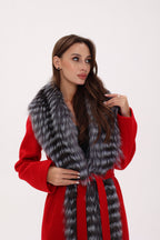 Genuine Silver Fox Virgin Wool Wrap Coat in Red - SJB-DIAMOND ELITES