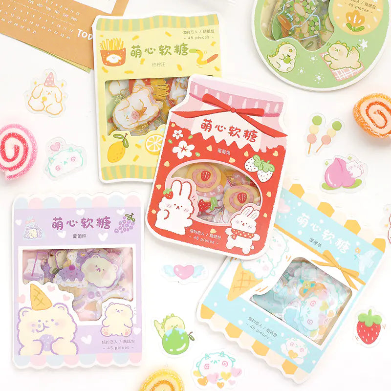 Cute Cartoon Animal & Fruit PVC Sticker Pack (45 pcs) Pi-Mart
