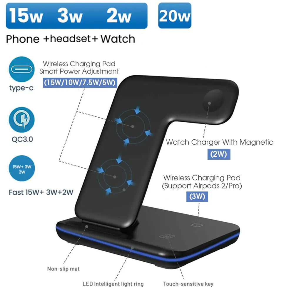 15W 3 in 1 Wireless Charger Pi-Mart