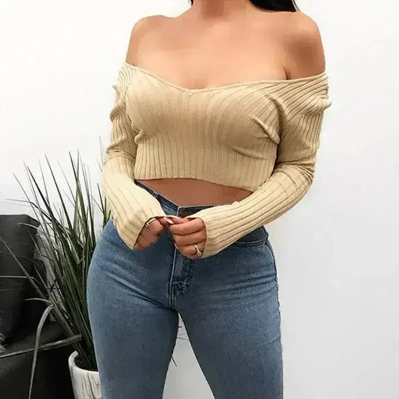 Cotton black short crop top Women autumn v neck off shoulder - SJB-DIAMOND ELITES