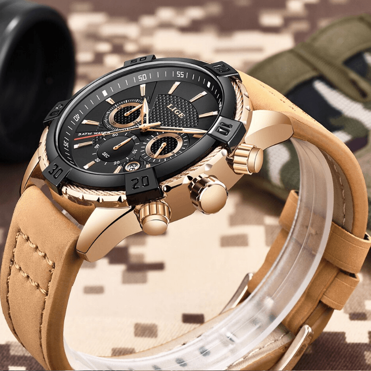Men's Waterproof Watch With Chronometers Date Display Gold Detail Excellent Background Perfect Gift Stevvex