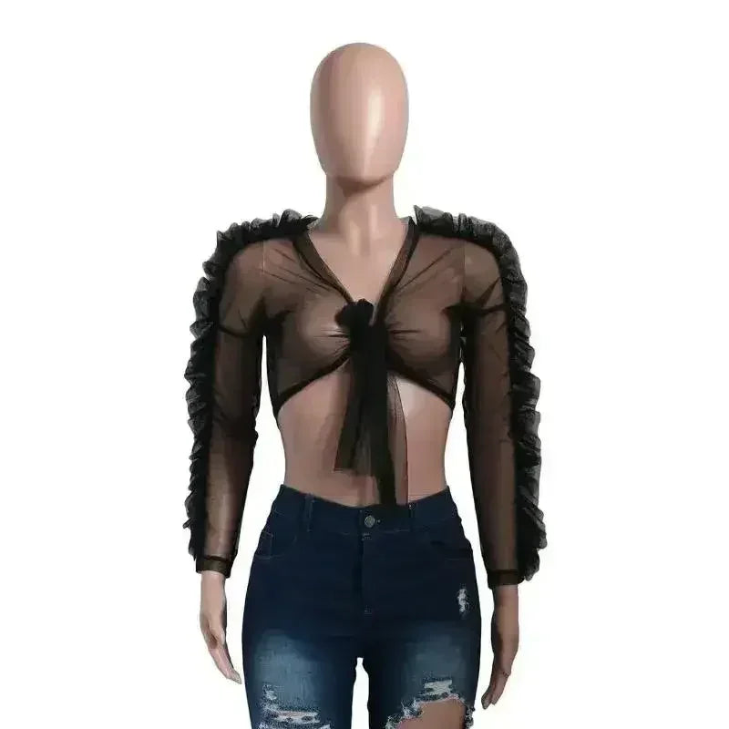 Black gothic style woven crop top women Sexy transparent club - SJB-DIAMOND ELITES