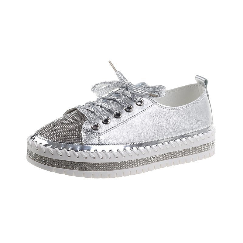 Womens Leopard Sneakers Women Canvas Shoes Leisure Lace-Up Sneakers Rhinestone Shiny Flat Charming Shoes Platform Leisure Low Sneakers Stevvex