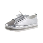 Womens Leopard Sneakers Women Canvas Shoes Leisure Lace-Up Sneakers Rhinestone Shiny Flat Charming Shoes Platform Leisure Low Sneakers Stevvex